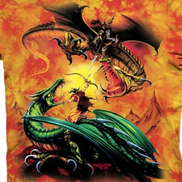 The Mountain DUELING DRAGONS 2001 Fire Tie Dye Graphic Print Shirt Size 2XL - Picture 1 of 5